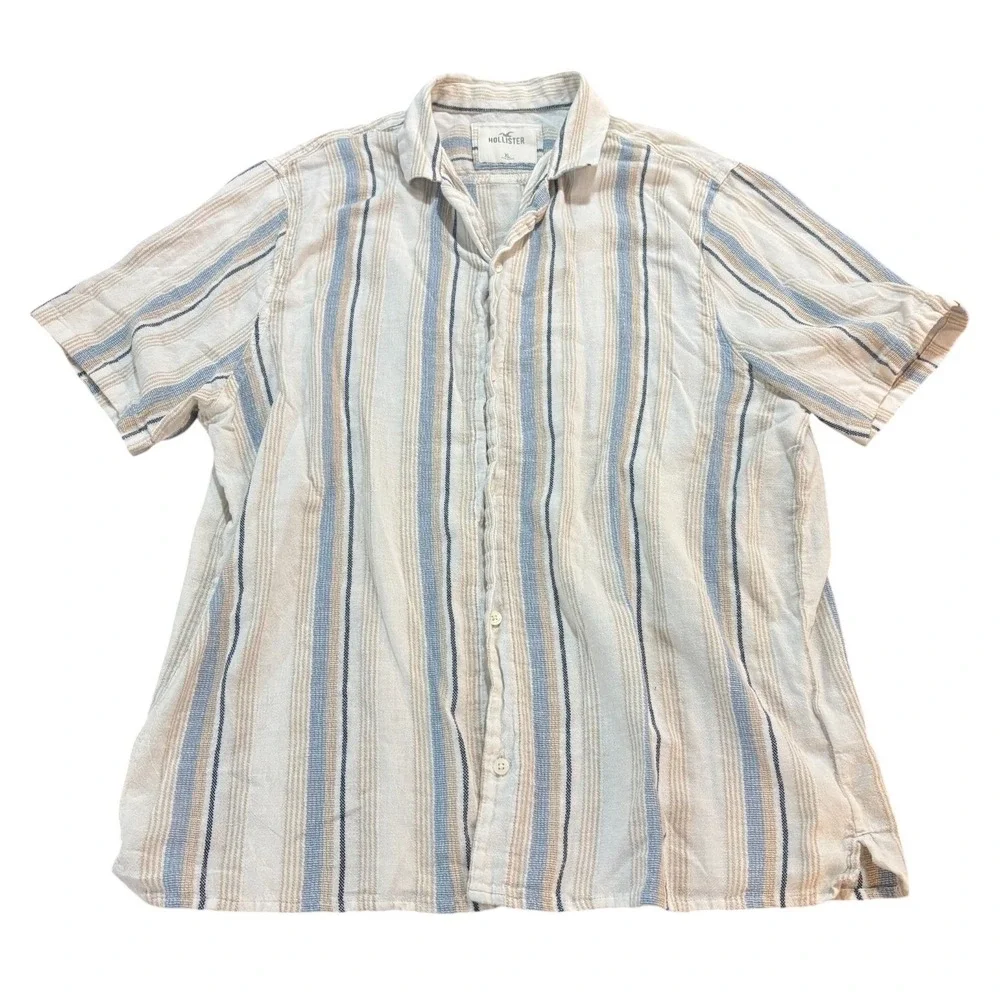 Hollister Mens XL‎ Blue Tan Striped Short Sleeve Button Down Shirt Summer Casual